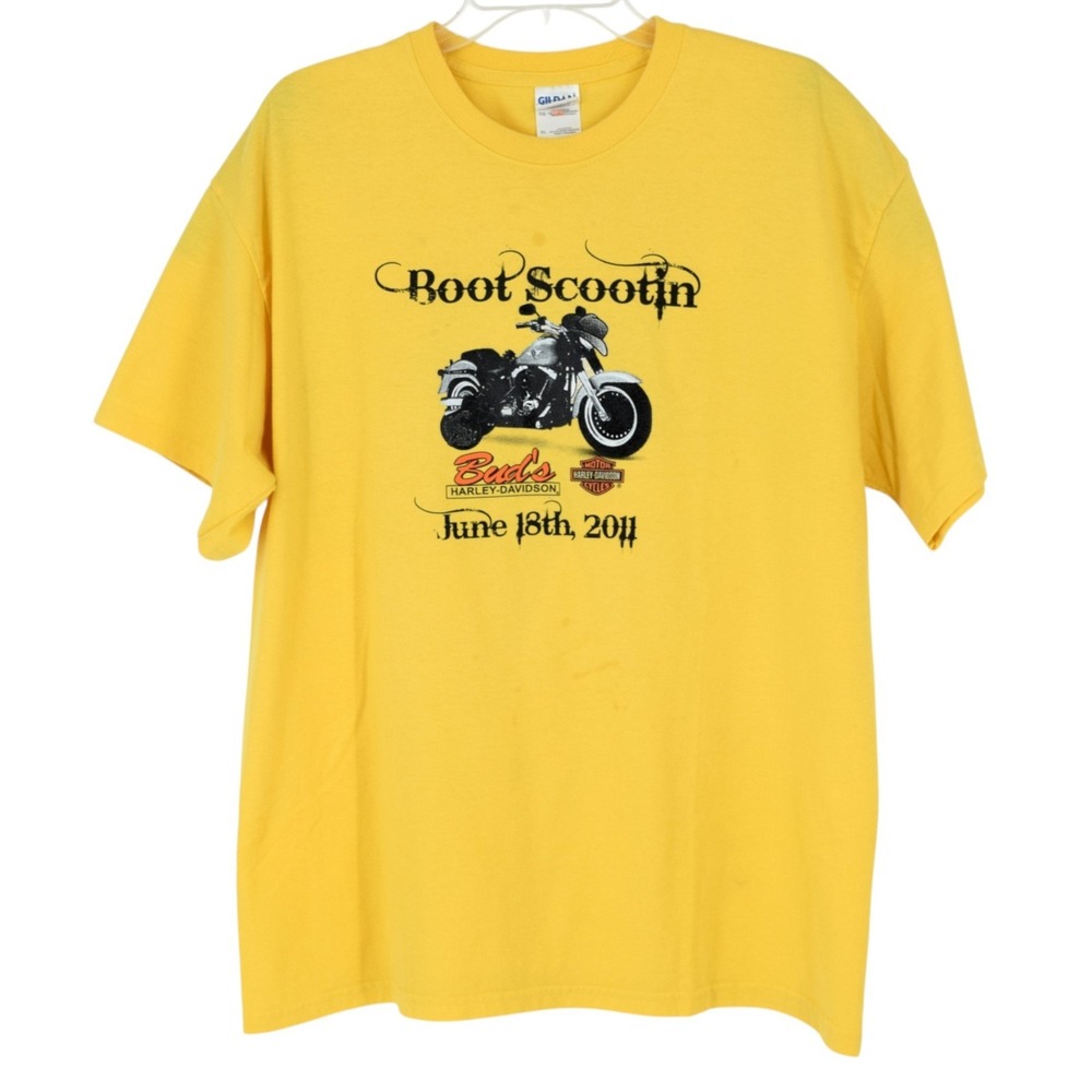 Harley Davidson Mens XL Yellow Buds Evansville IN Boot Scootin Biker Graphic Tee - Picture 1 of 12
